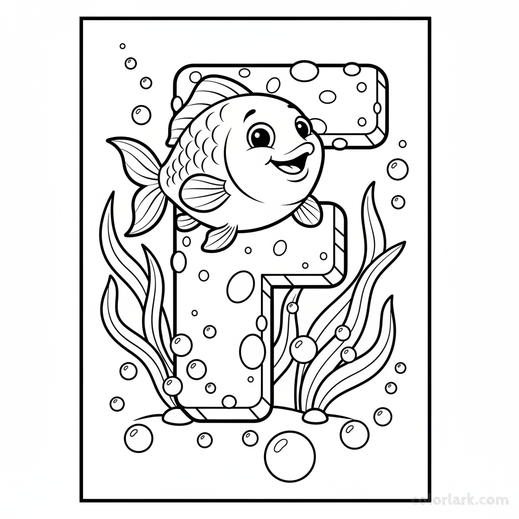 Black and white line art of a happy fish swimming around the letter F.