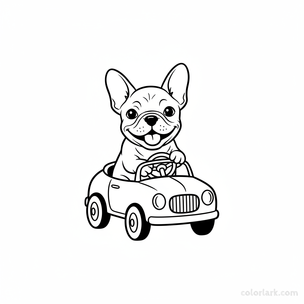 Black and white line art of a French Bulldog puppy sitting in a simple toy car, looking happy.