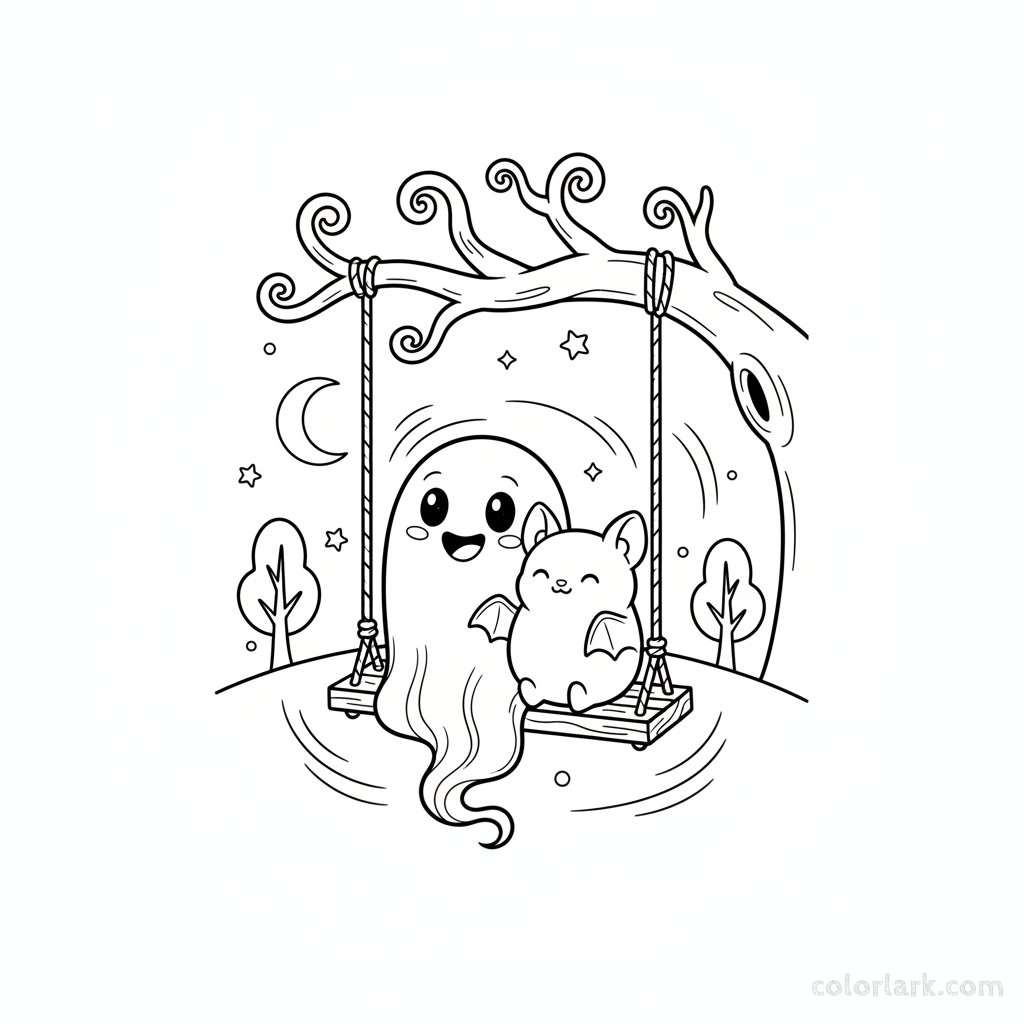 Black and white line art of a happy ghost and bat sharing a cozy swing under a bare tree, Halloween coloring page.