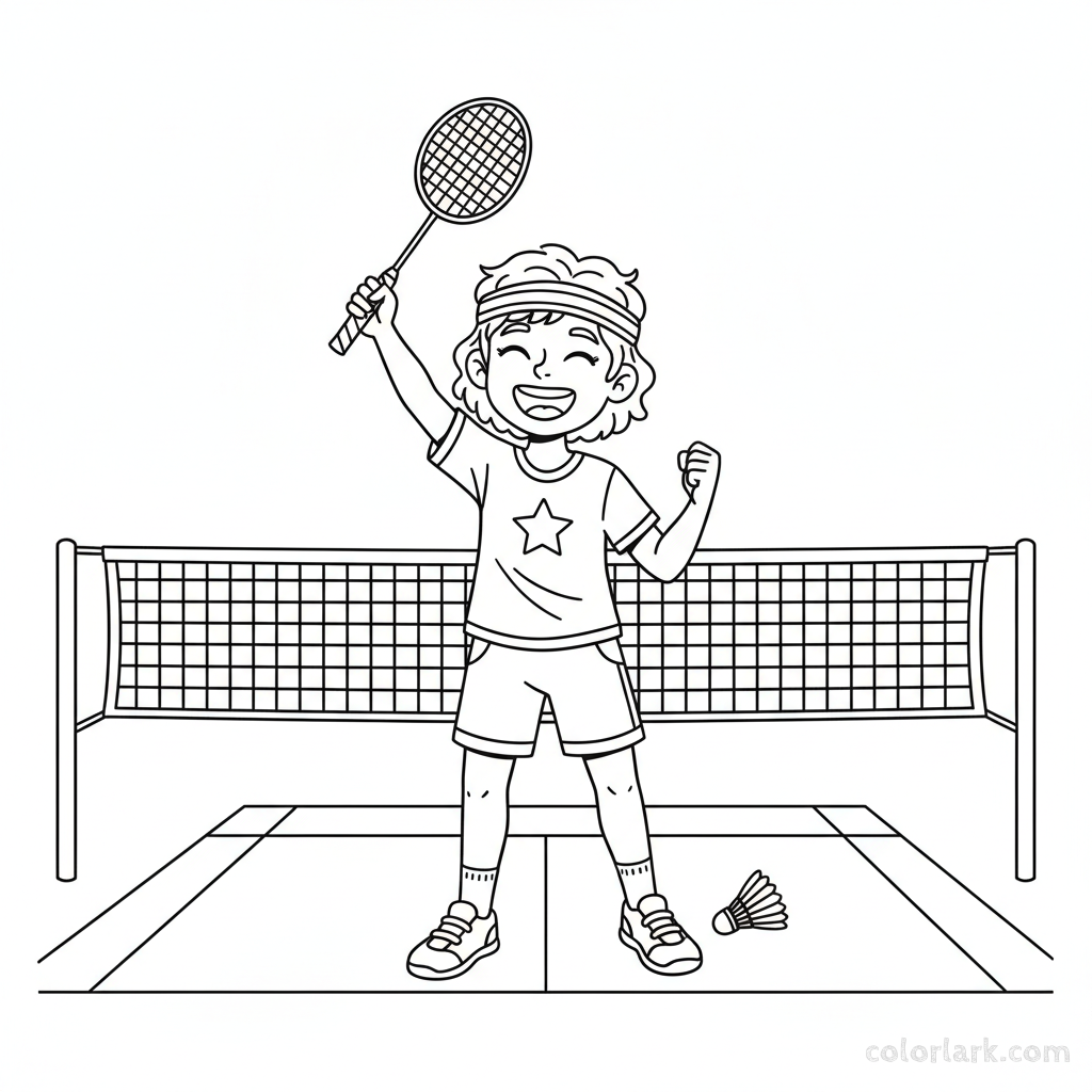 Line art of a happy girl wearing a headband, raising her racket after winning a badminton match.
