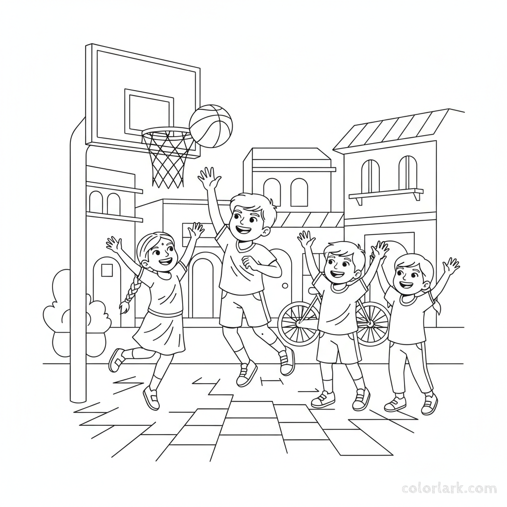 Line art of a happy group of Indian children playing street basketball, with friends cheering on the sidelines.
