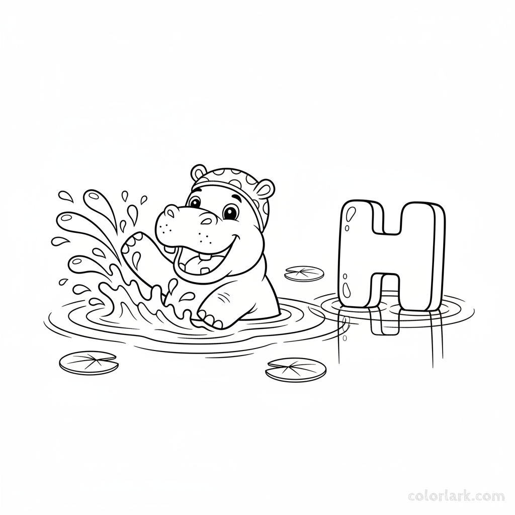 Black and white line art of a happy hippo splashing near the letter H.