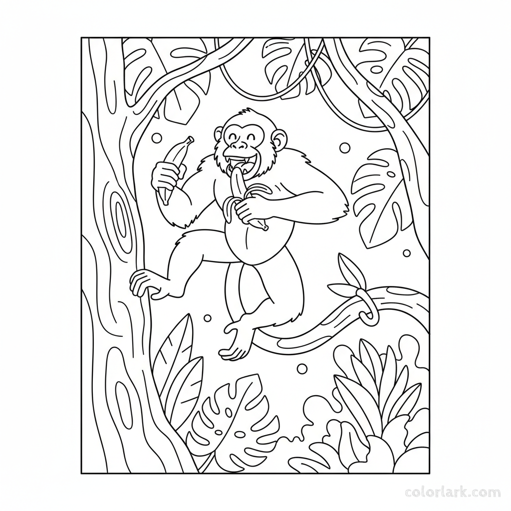 Black and white line art of a happy Howler monkey jumping between tree trunks, eating a banana.