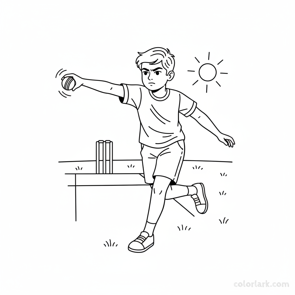 Black and white line art of a happy Indian boy bowling a cricket ball on a sunny field.