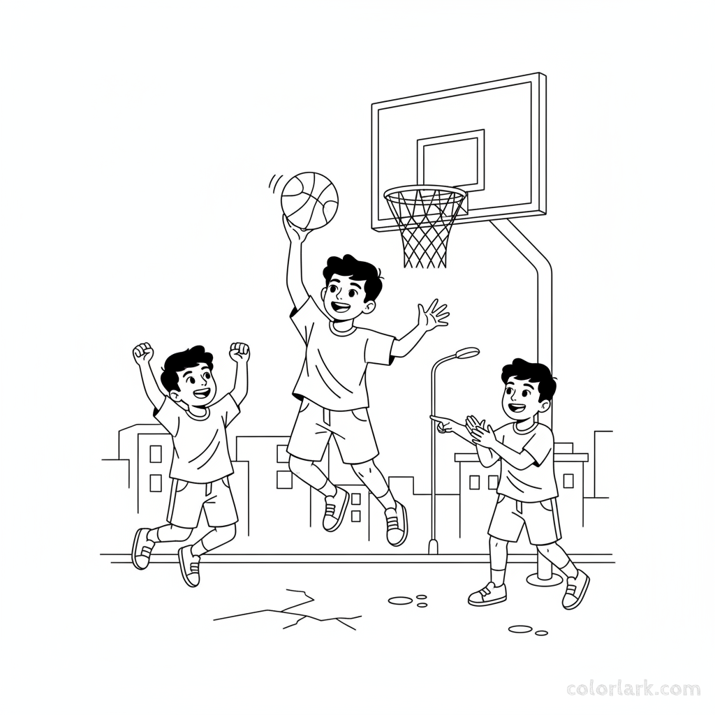 Line art of a happy Indian boy jumping to shoot a basketball on a street, with two friends cheering.