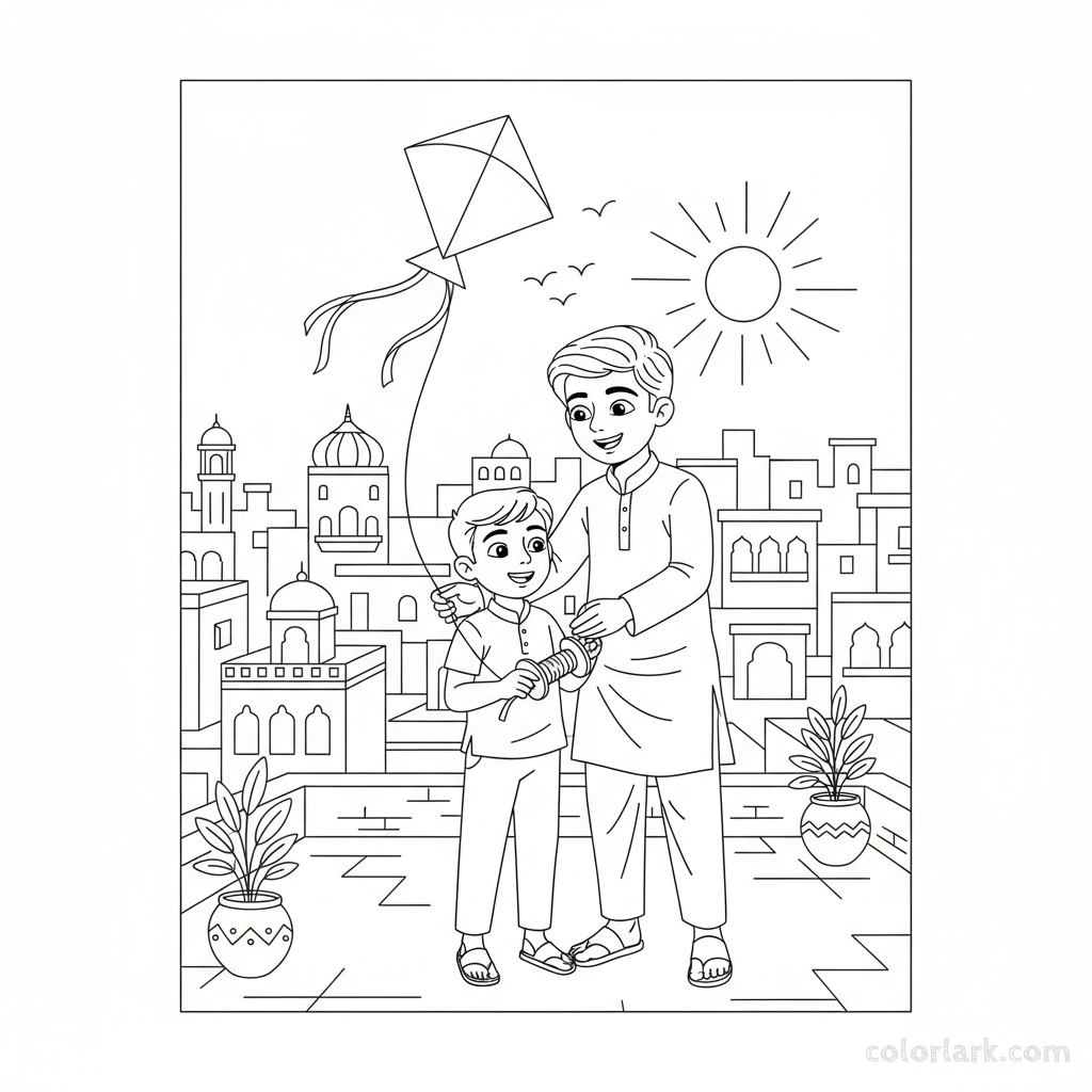 Line art of happy Indian boys learning to fly kites on an Indian city rooftop, suitable for coloring.