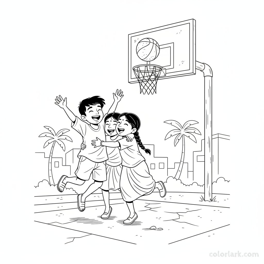 Line art of happy Indian children celebrating a street basketball basket with hugs and cheers.