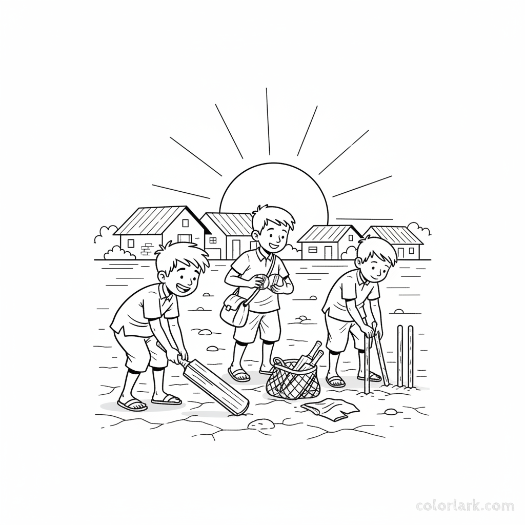 Happy Indian children on a village ground gathering their simple cricket bat, ball, and makeshift wickets after a game.
