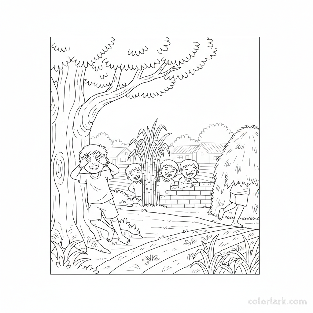 Black and white line art of Indian village kids playing hide and seek, one counting, others hiding behind crops and a tree.