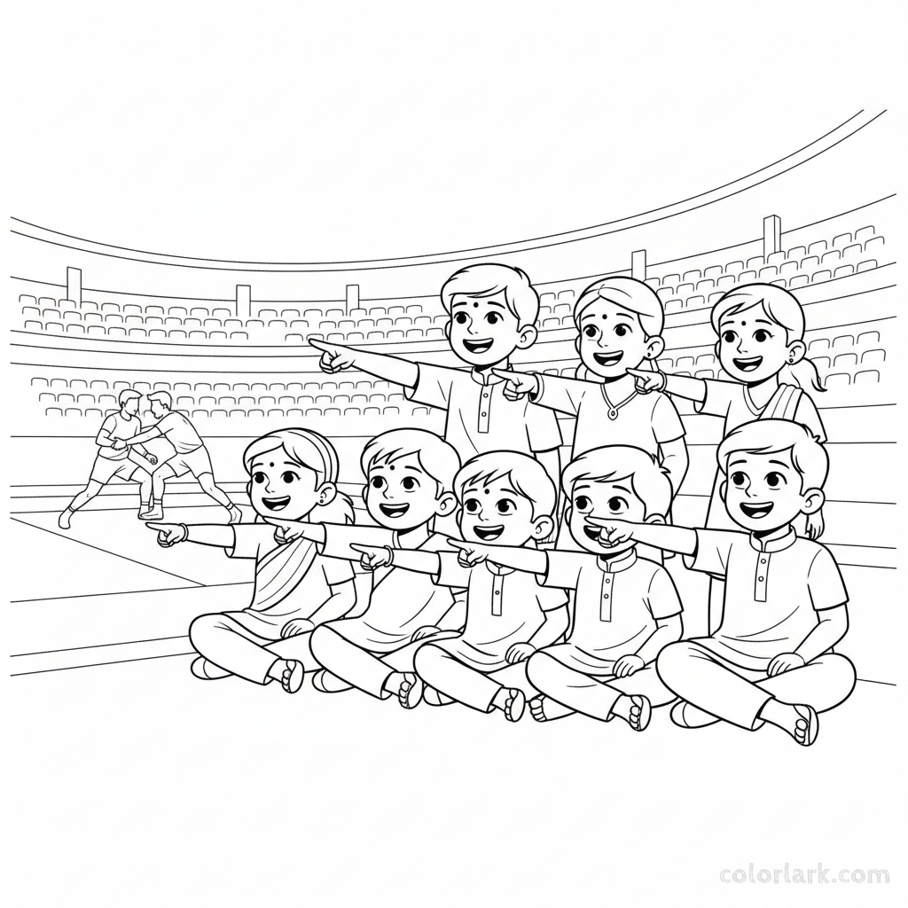 Line art of happy Indian children pointing excitedly at the action on a Kabaddi National Match court.