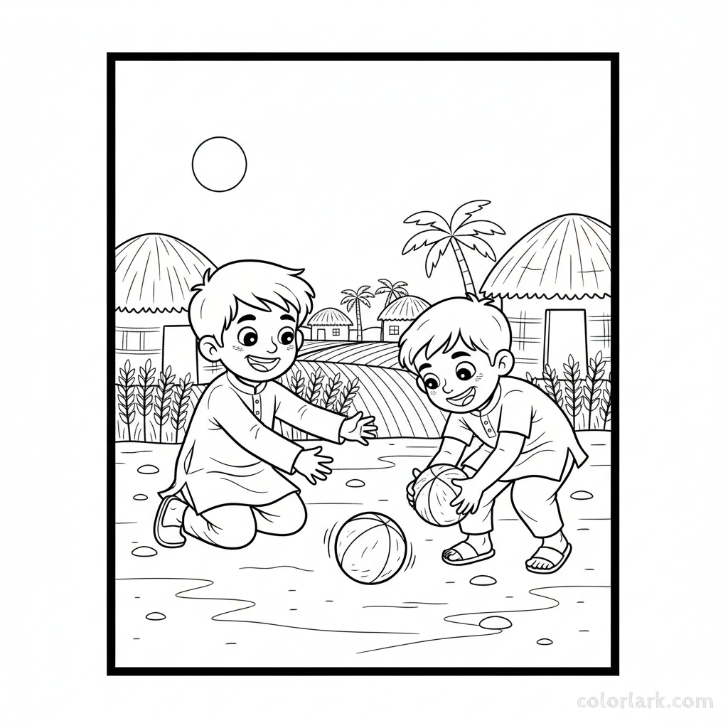 Two happy Indian children on a village ground, practicing fielding drills, one rolling a ball, the other scooping it.