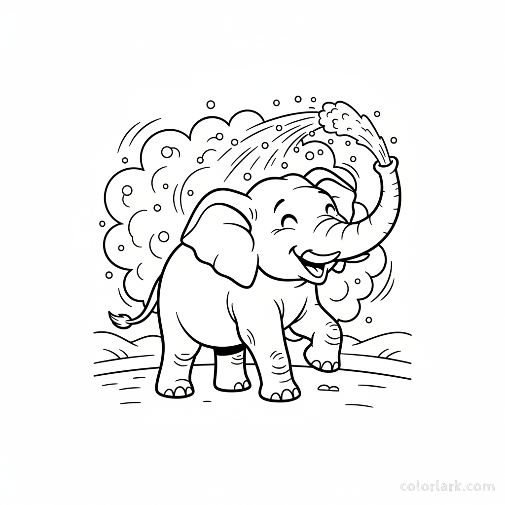 Black and white line art of a happy Indian elephant showering itself with dust using its trunk.
