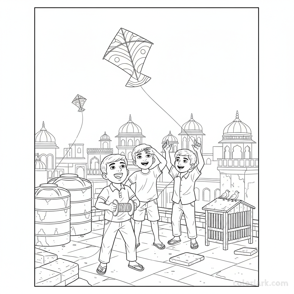 Line art of happy Indian kids flying kites on an old Indian city rooftop, suitable for coloring.