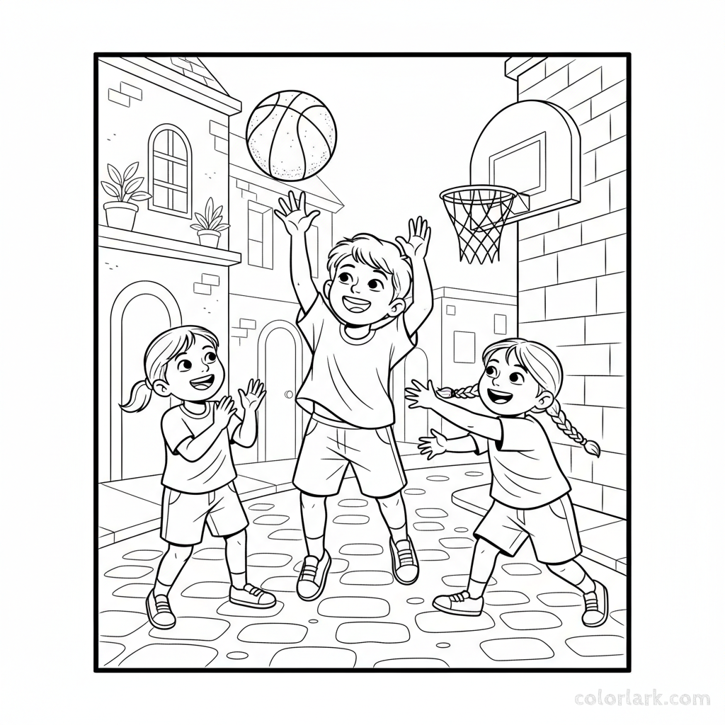 Line art of happy Indian children playing street basketball with an old ball, cheered by friends.