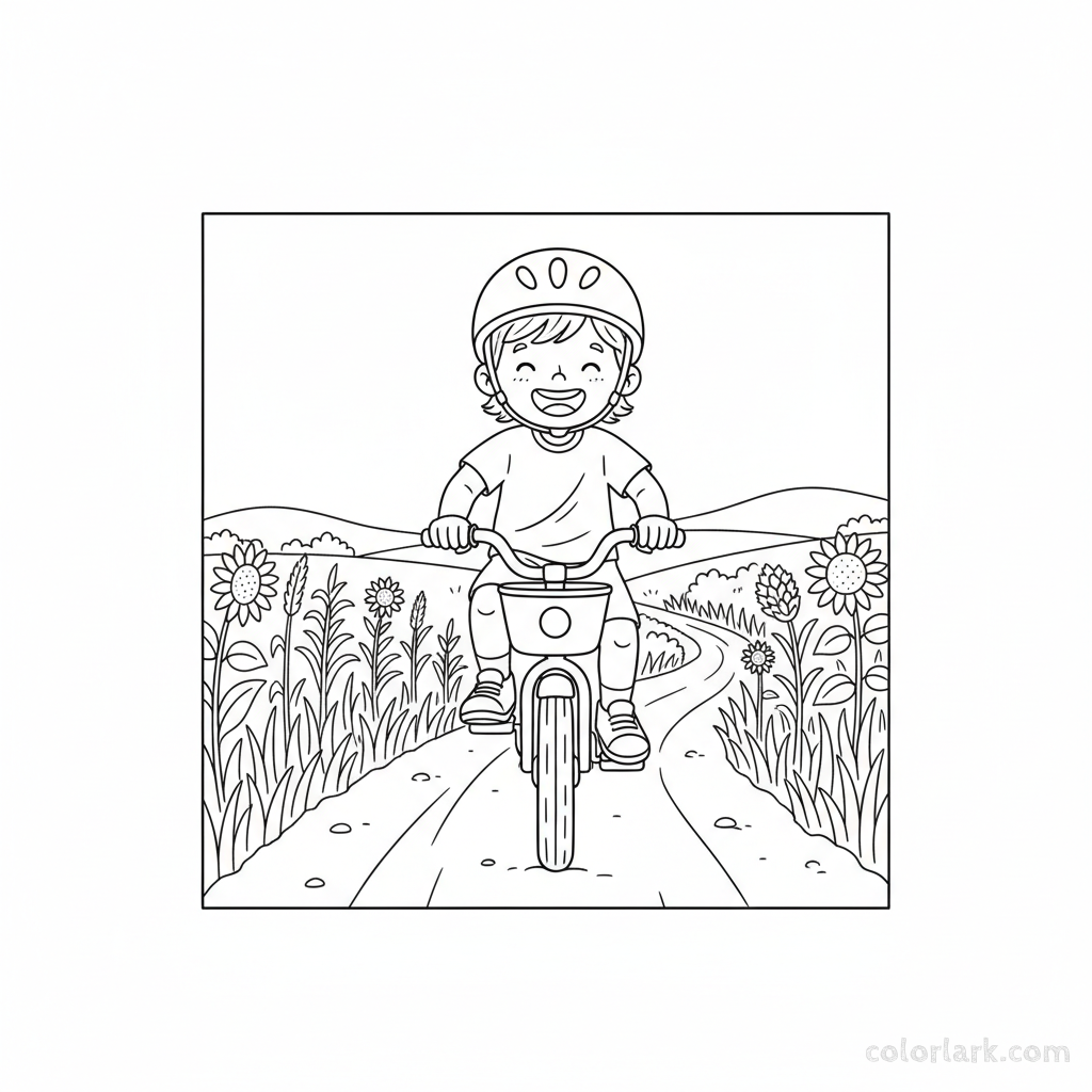 Black and white line art coloring page of a happy child with a helmet, riding a bicycle down a gentle slope through open fields.