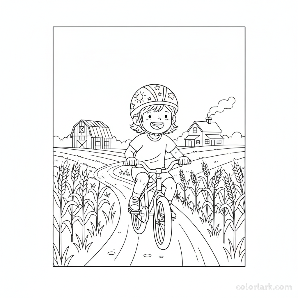 Black and white line art coloring page of a happy child with a helmet, riding a bicycle on a scenic farm lane.