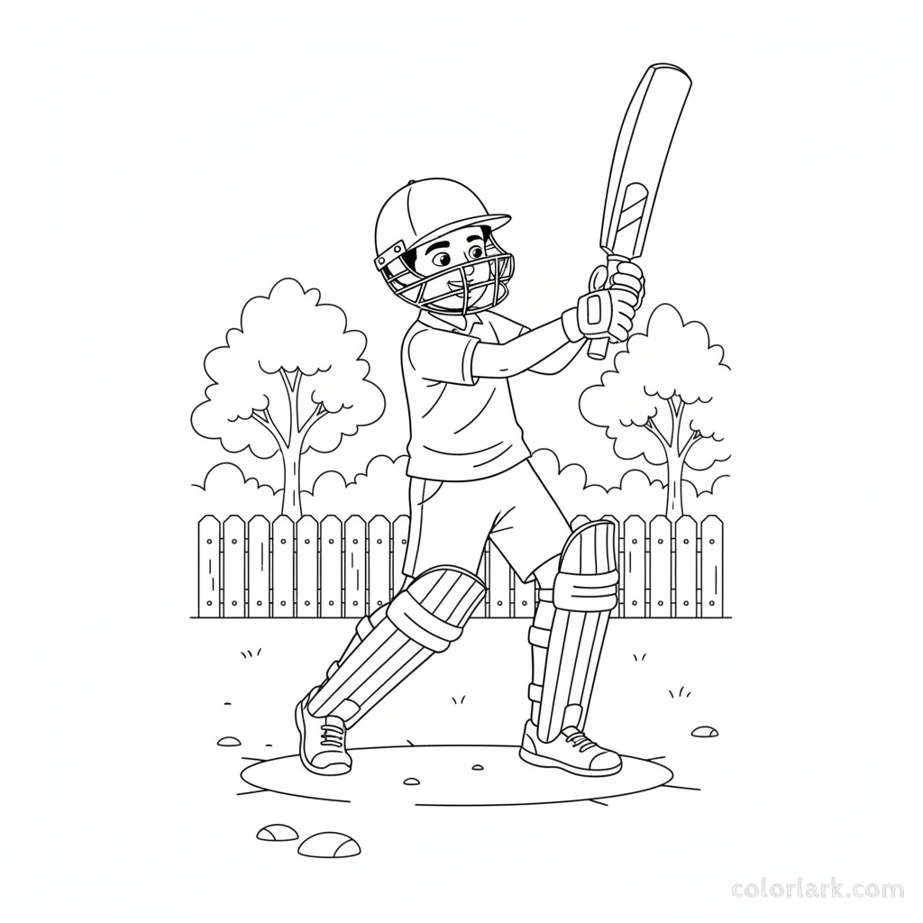 Happy young Indian cricketer wearing helmet and pads, swinging his bat while practicing in a park.