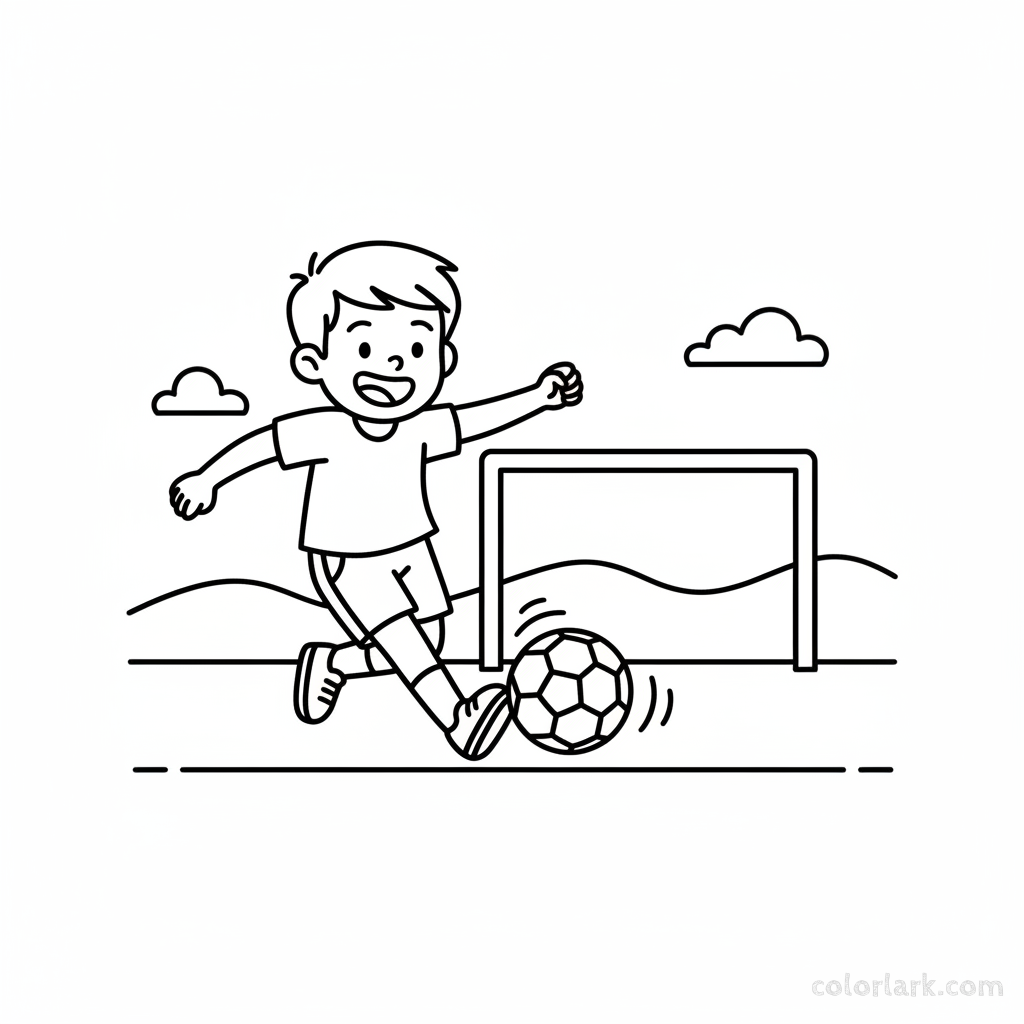 Line art of a happy child kicking a football towards a goal.