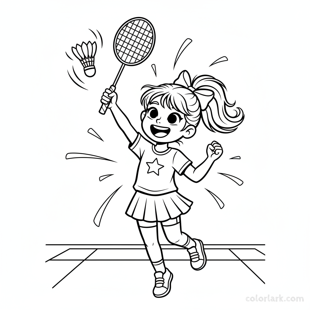 Line art of a happy kid winning a badminton game, raising her racket and a shuttlecock.
