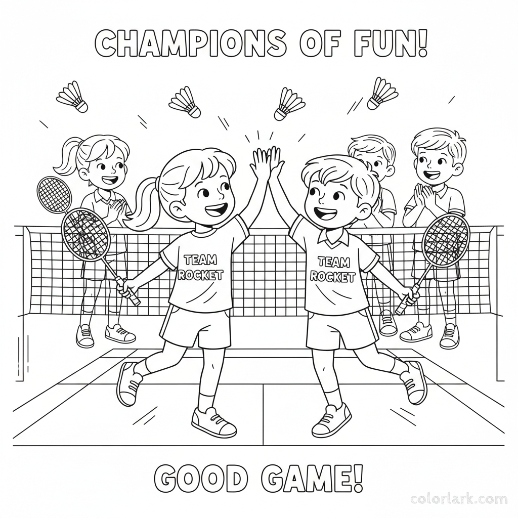 Two children high-fiving and celebrating a point during a doubles badminton game.