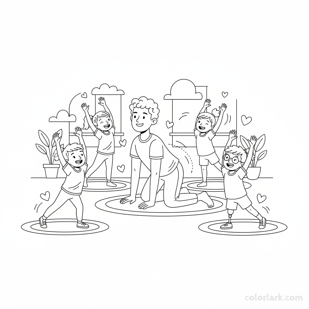 Line art of happy kids doing Cat-Cow stretch with a yoga teacher.