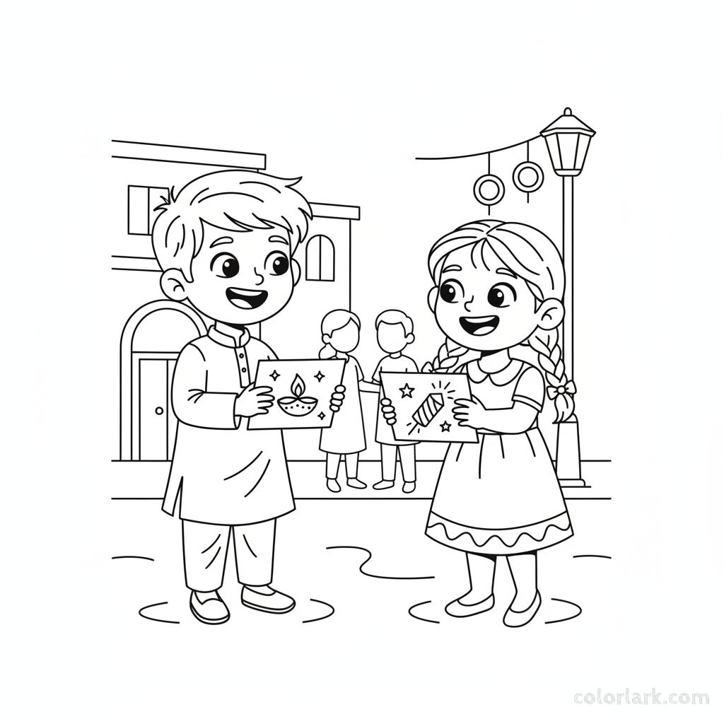 Happy children eagerly exchanging handmade Diwali greeting cards with friends, full of smiles and festive spirit, line art