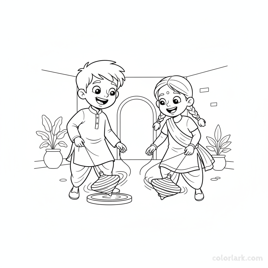 Happy children playing with traditional Indian spinner toys during Diwali, full of joy and concentration, black-and-white line art