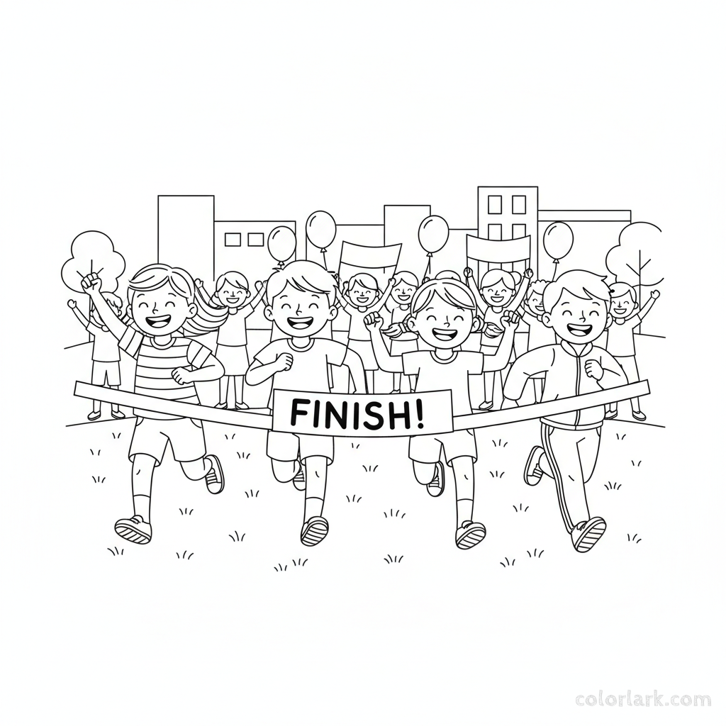 Line art of happy kids crossing a track race finish line with a cheering crowd
