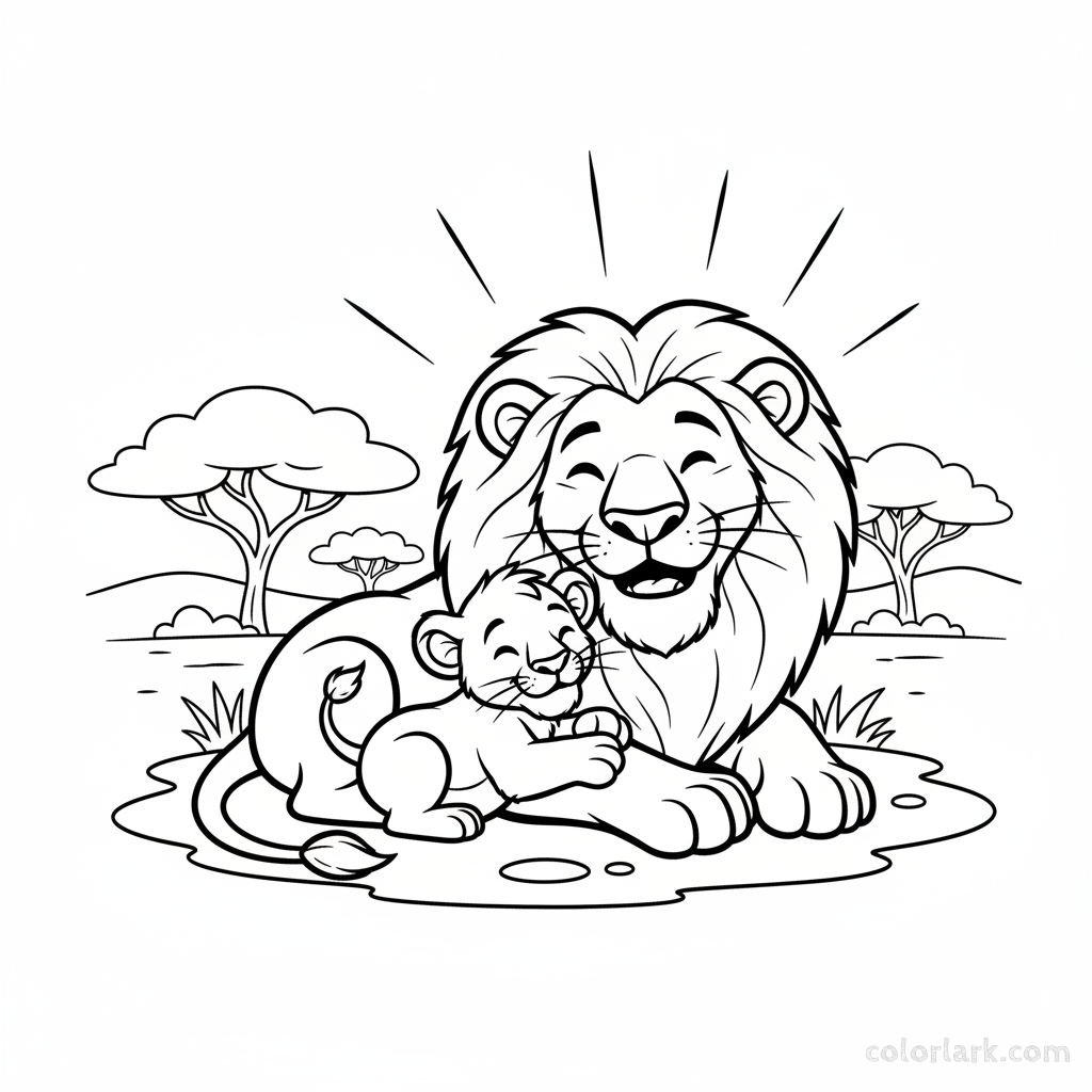 Black and white line art of a happy adult lion and his cub sharing a cozy, sunny spot.