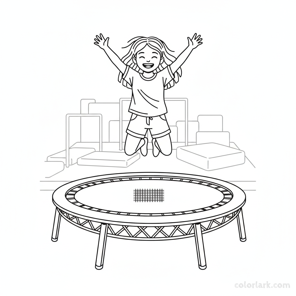 Black and white line art illustration of a happy little girl jumping high on a trampoline at a kids fitness center.