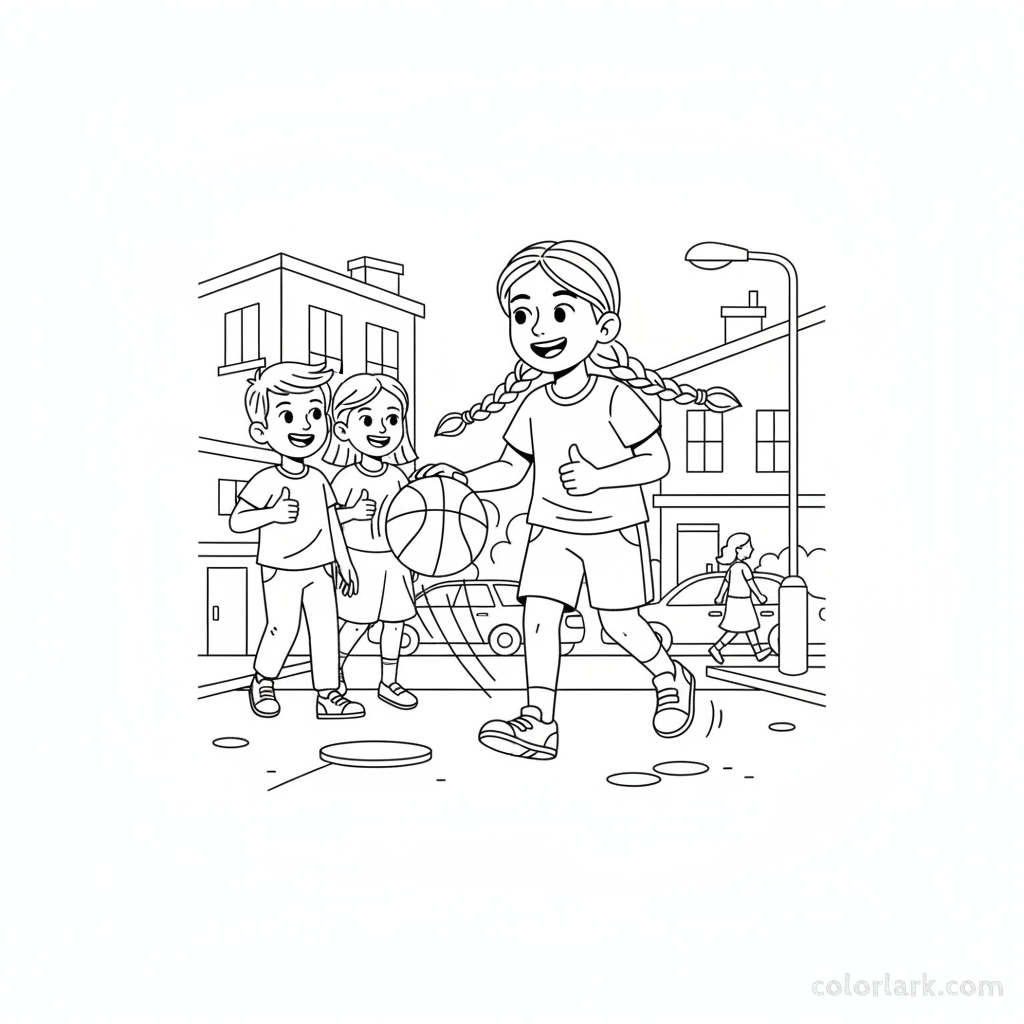 Line art of a happy little Indian girl dribbling a basketball on a street, with friends giving thumbs-up.