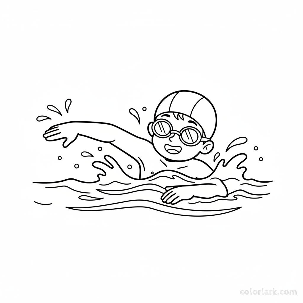 Black and white line art of a happy child swimming freestyle in a pool, wearing a swim cap and goggles.