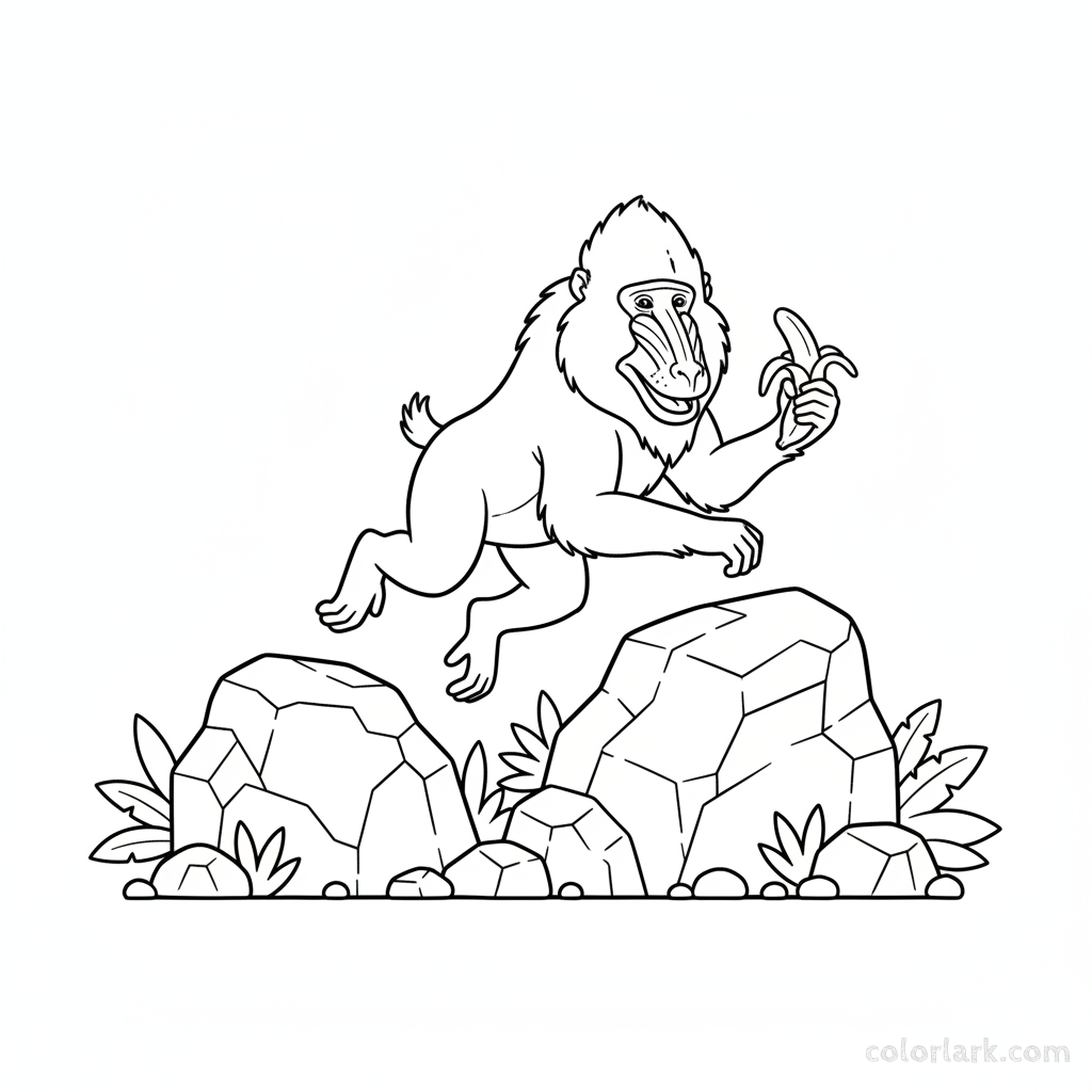 Black and white line art of a Mandrill monkey mid-leap between rocks, holding a partially eaten banana.