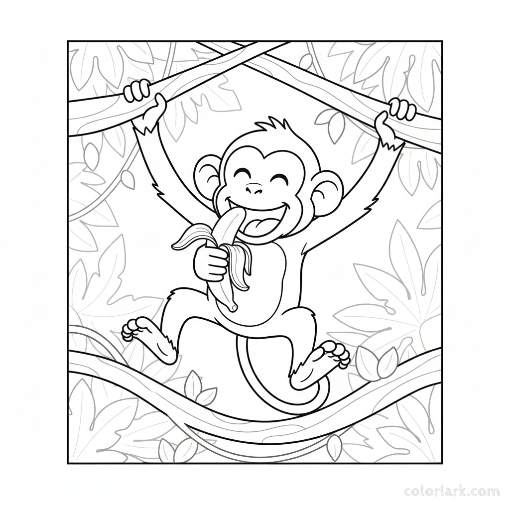Black and white line art of a happy monkey smiling, eyes closed, enjoying a banana mid-air between two branches.