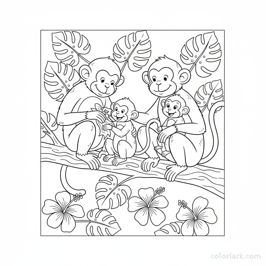 Black and white line art of a happy monkey family grooming each other in an Indian jungle