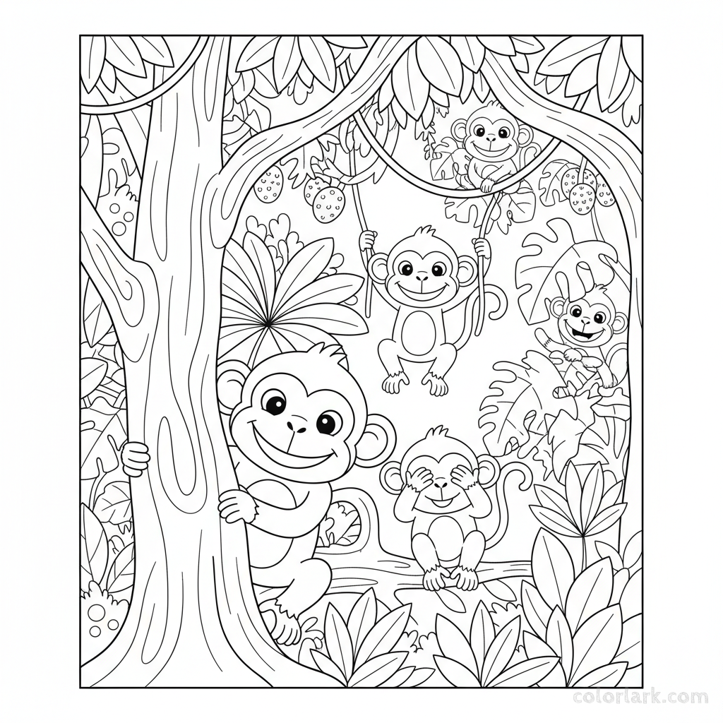 Black and white line art of happy monkeys playing hide and seek in the jungle trees