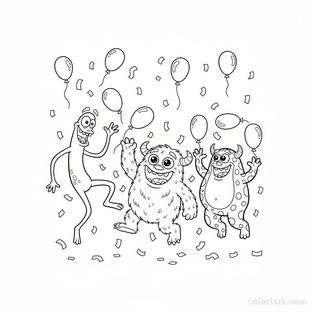 Black and white line art of happy monsters playing with balloons and confetti at a Halloween party, coloring page.