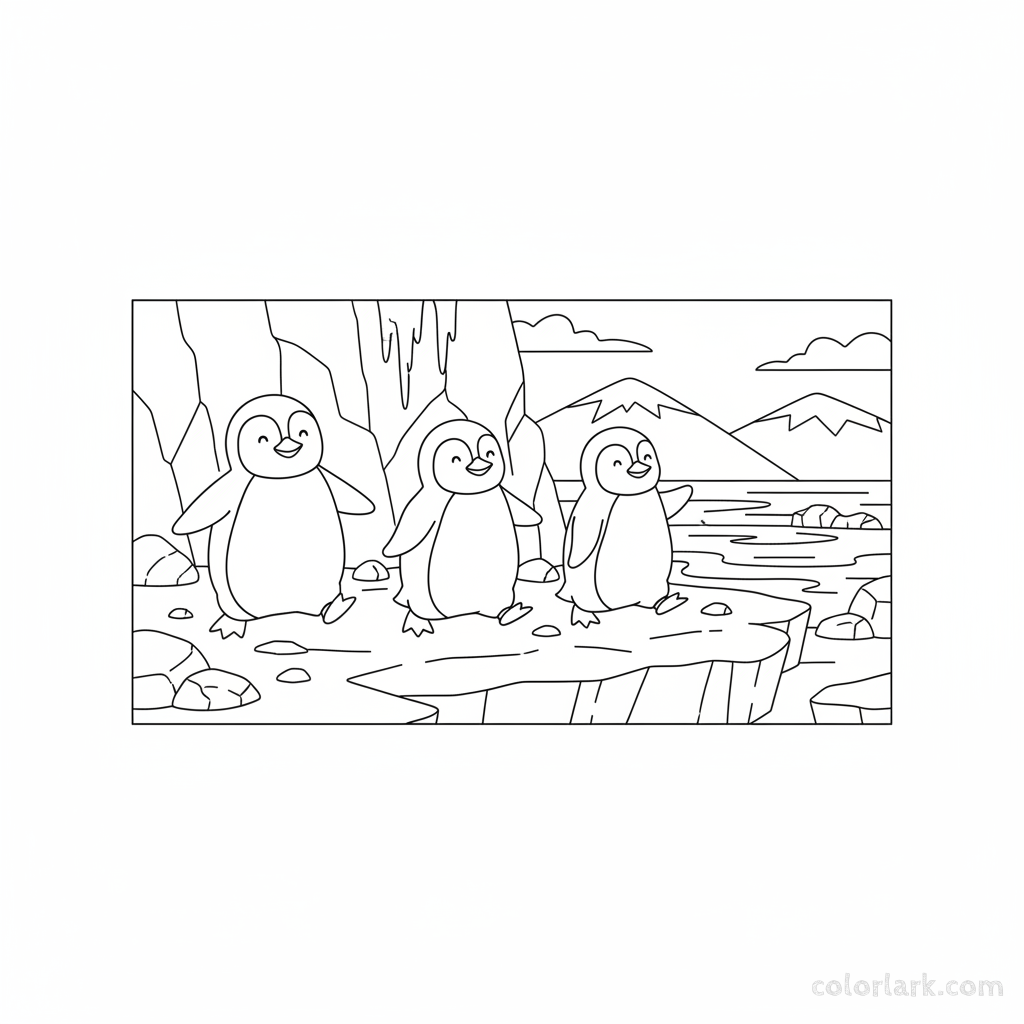 Black and white outlines of three happy penguins waddling in a line on a rocky, icy surface in their zoo.