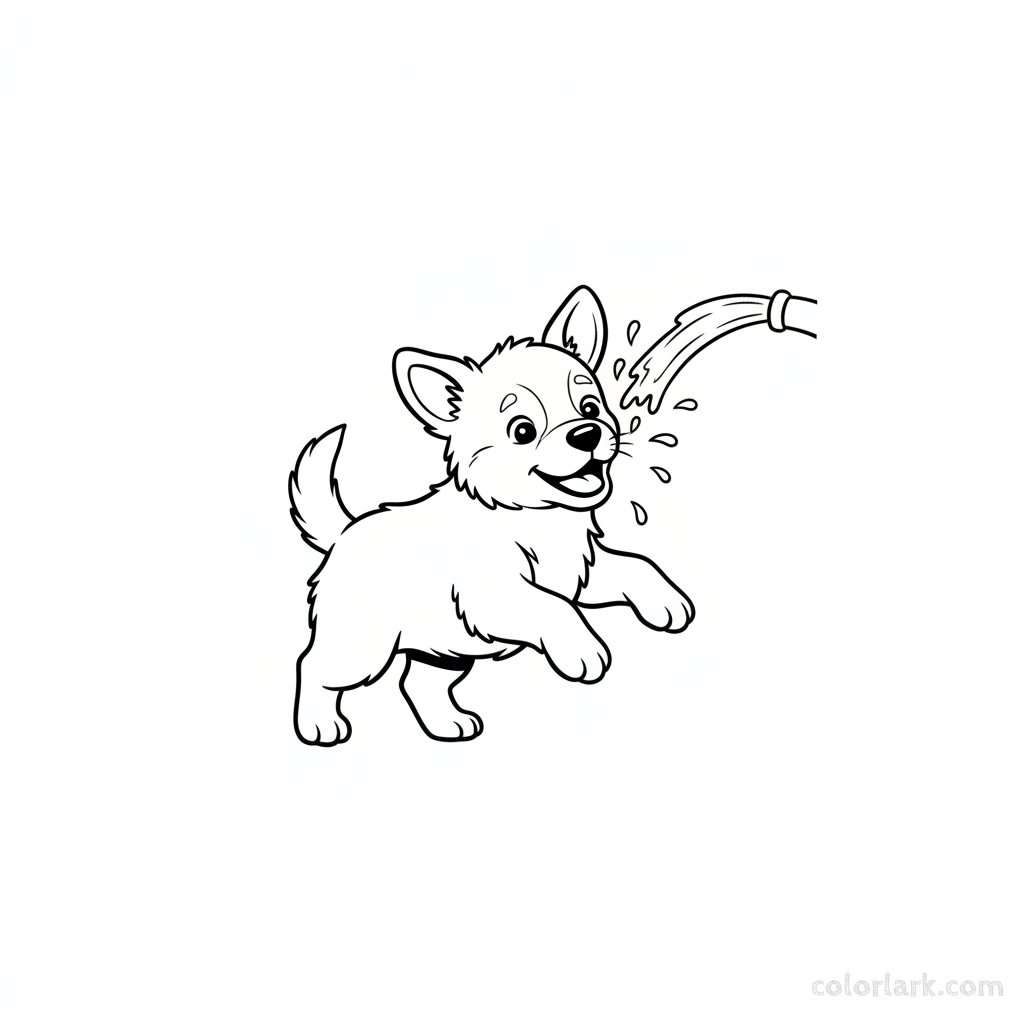 Black and white line art of a happy puppy gleefully playing with a stream of water from a garden hose, for Indian toddlers.