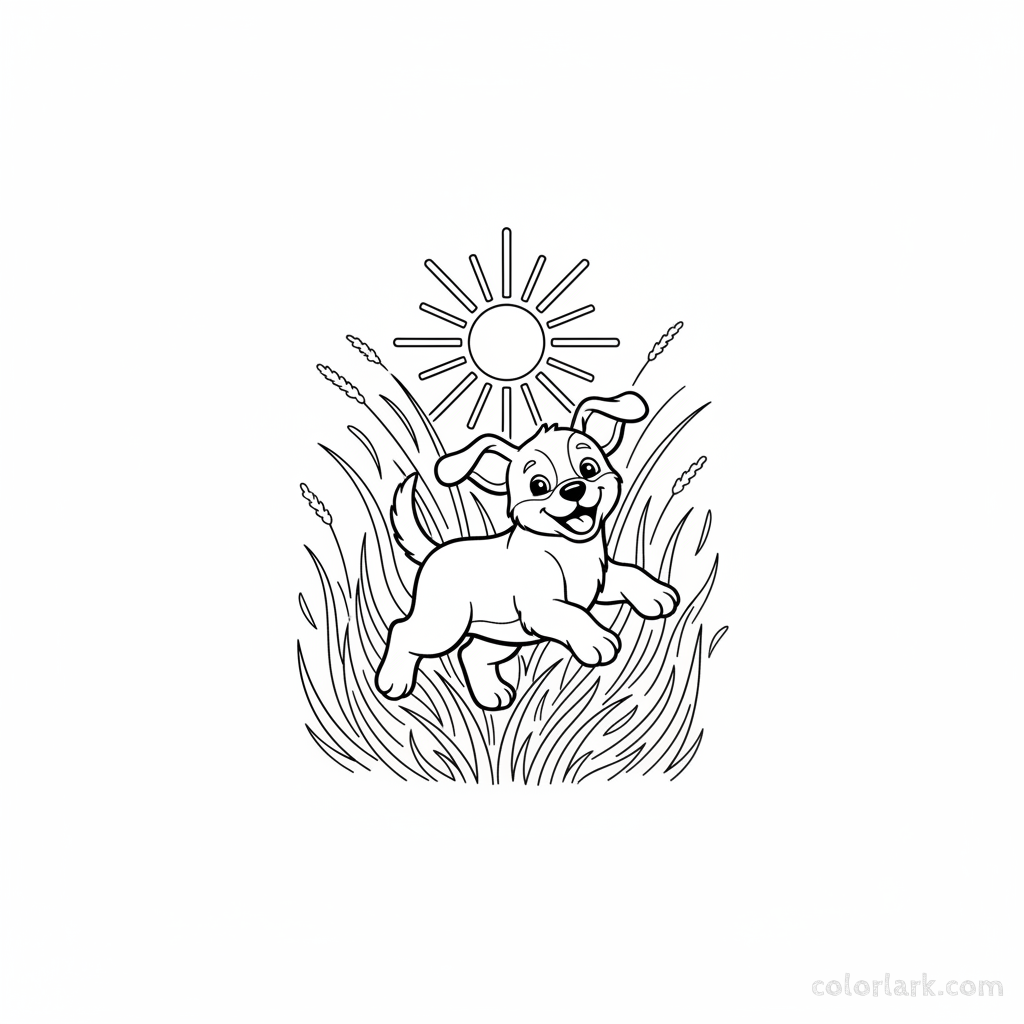 Black and white line art of a happy puppy energetically romping in a sunlit field, an easy coloring page for Indian learners.