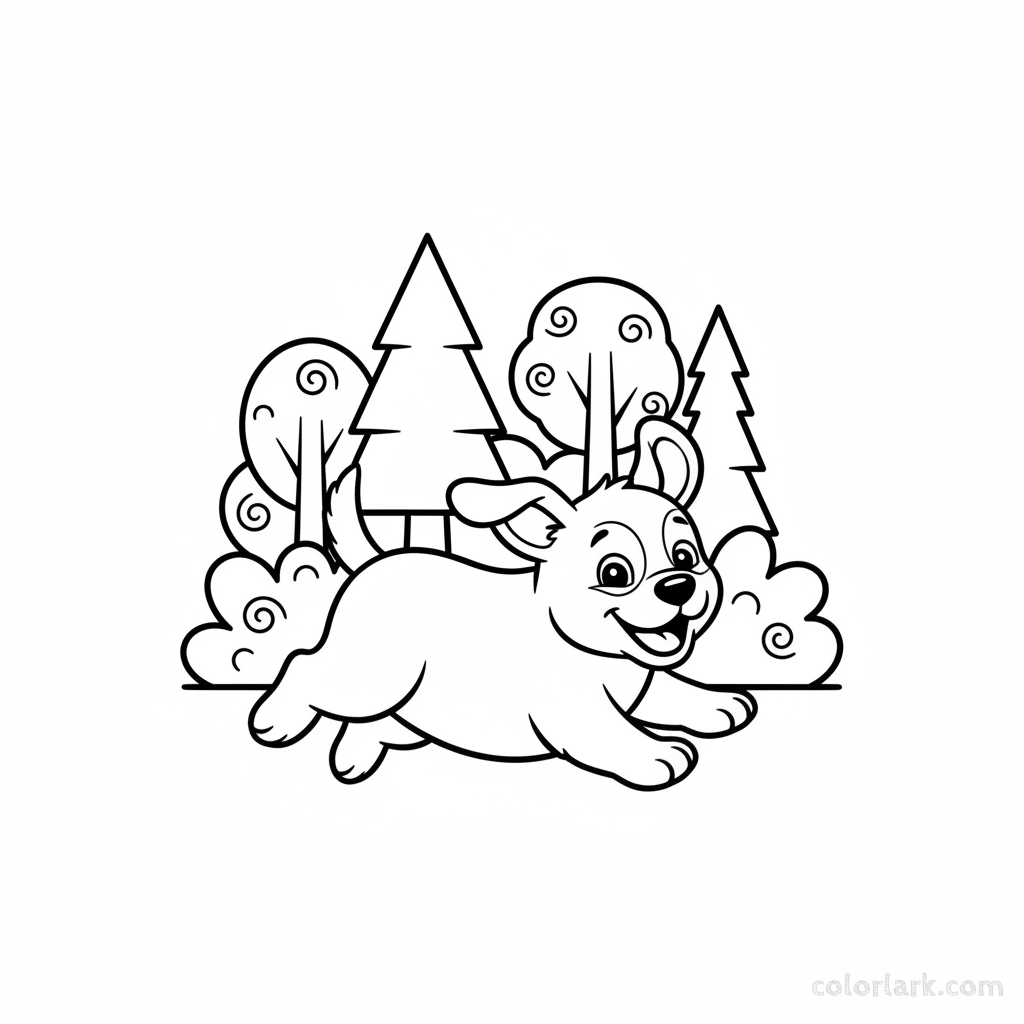 Black and white line art of a happy puppy joyfully scampering across a stylized forest edge, for Indian children.