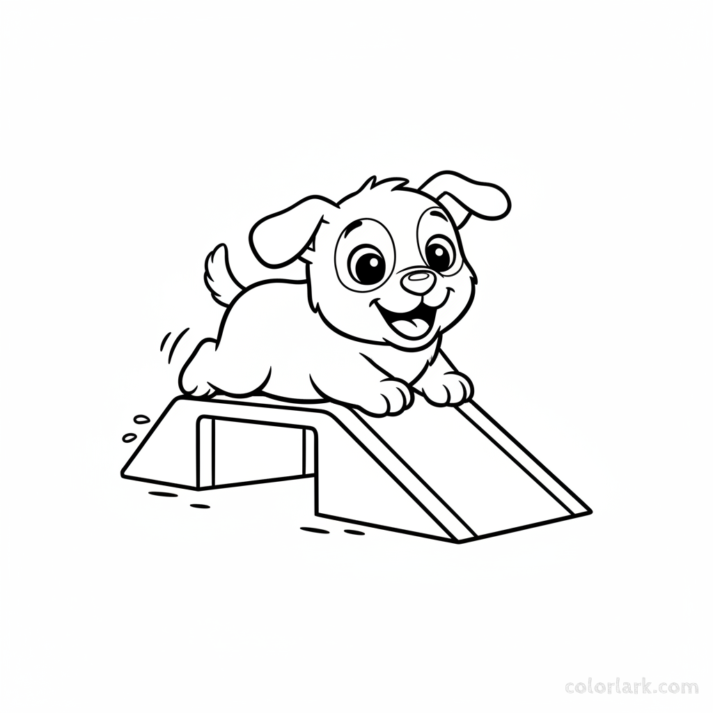 Black and white line art of a cheerful puppy sliding down a gentle ramp on its belly, easy for kids.