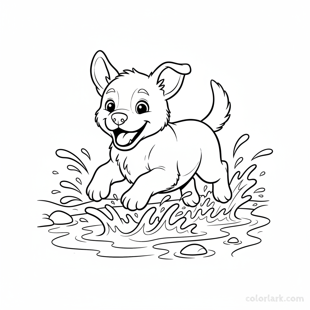 Black and white line art of a happy puppy playfully splashing in a shallow stream, an easy coloring page for kids in India.