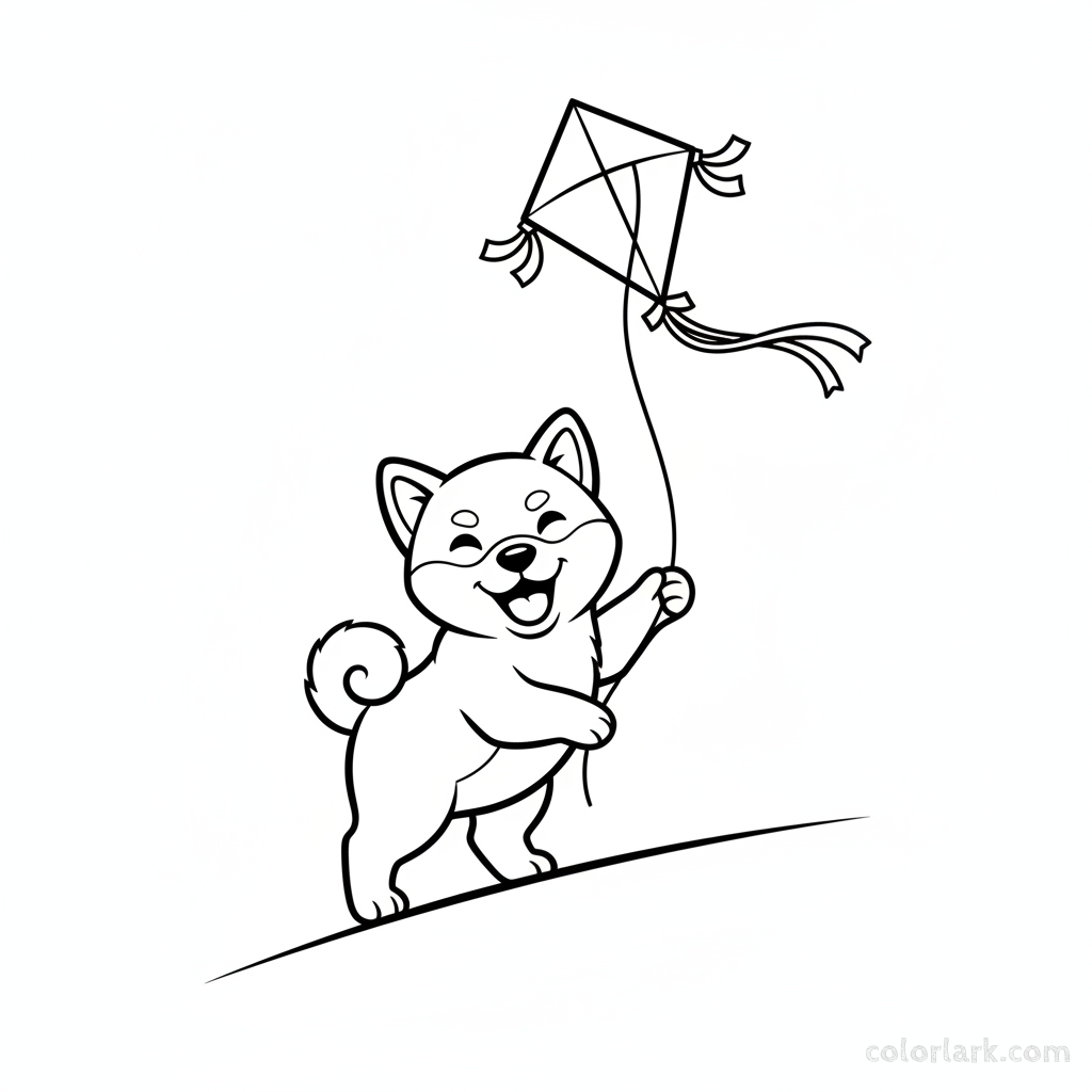 Black and white line art of a Shiba Inu puppy holding the string of a simple kite flying in the sky.