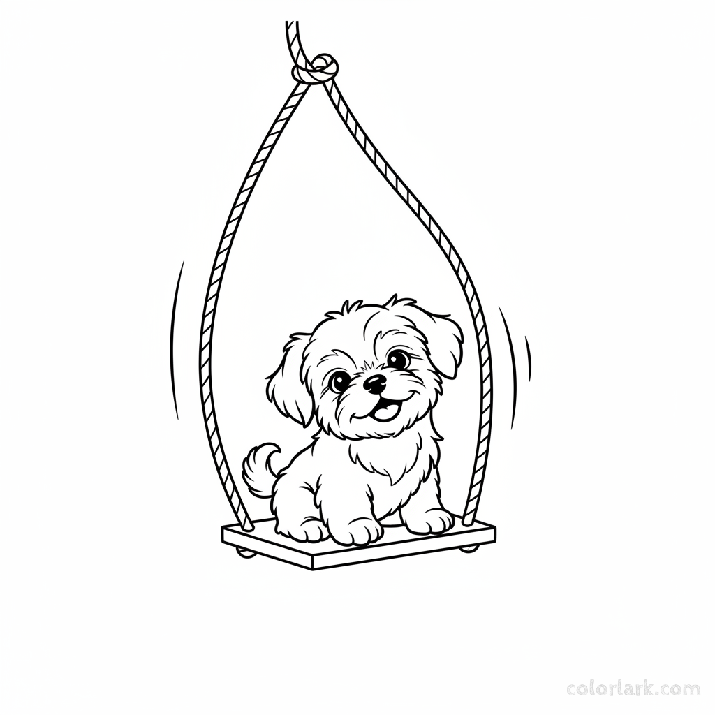 Black and white line art of a joyful Shih Tzu puppy sitting happily in a simple rope swing.