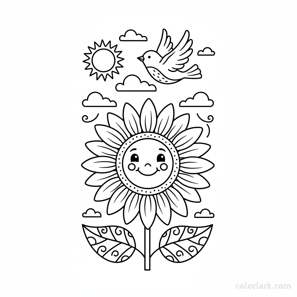 Black and white line art of a happy sunflower looking at a bird flying above it
