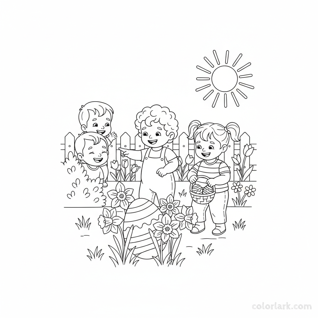 Black and white line art of happy toddlers on an Easter egg hunt with baskets and hidden eggs.