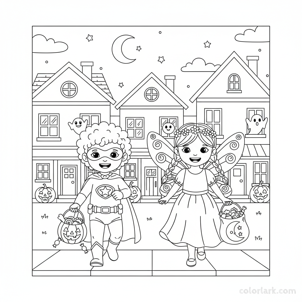 Black and white line art of happy children in superhero and fairy costumes trick-or-treating in a friendly neighborhood, Halloween coloring page.