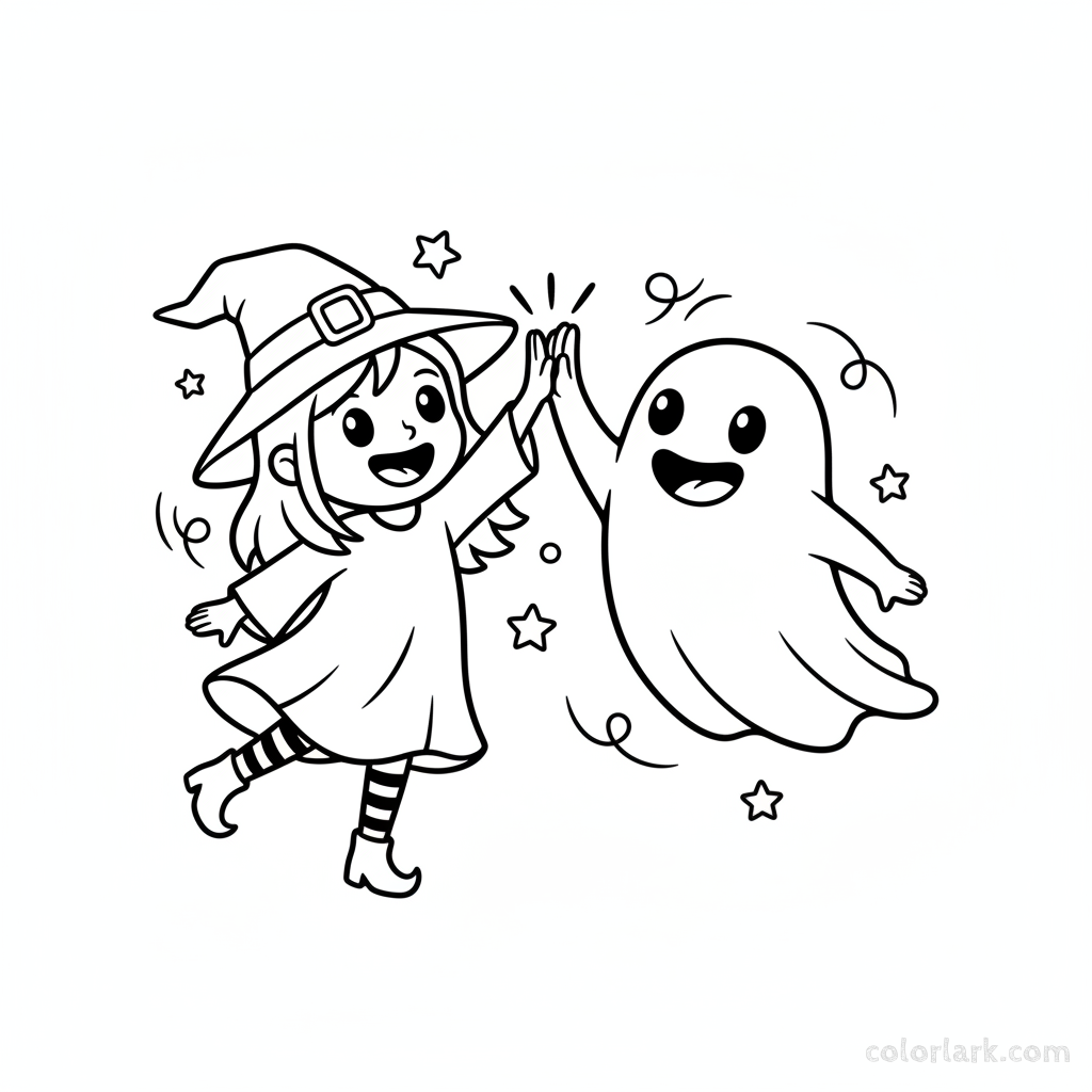 Black and white line art of a happy cartoon witch and a friendly ghost high-fiving, Halloween friendship coloring page.