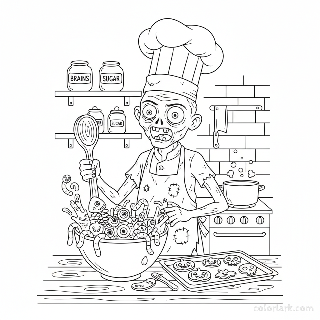 Black and white line art of a cute zombie chef baking Halloween cookies with silly ingredients, children's coloring page.
